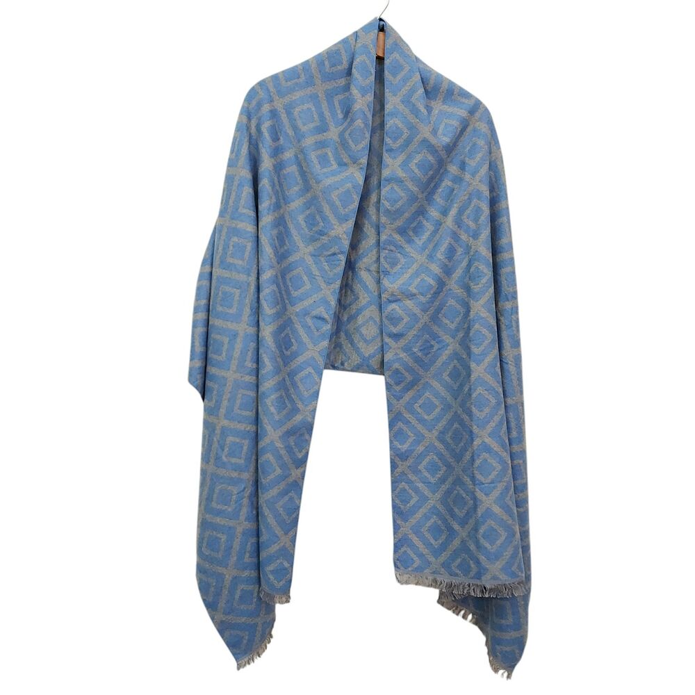 Miniso Life Diamond Plaid Scarf Wrap Blue Gray Fringed 80x28in Soft Fabric